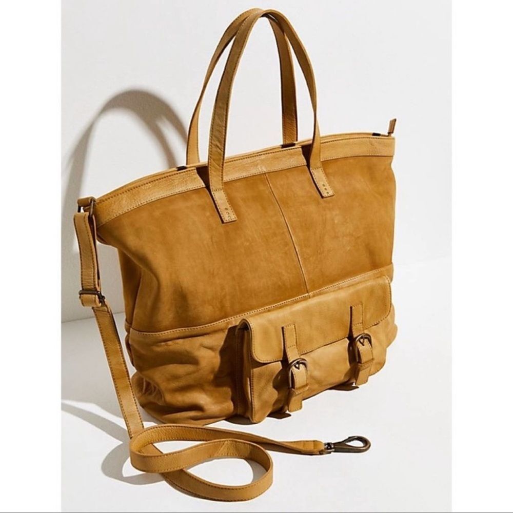 Free People Tan Leather Laptop Tote Bag